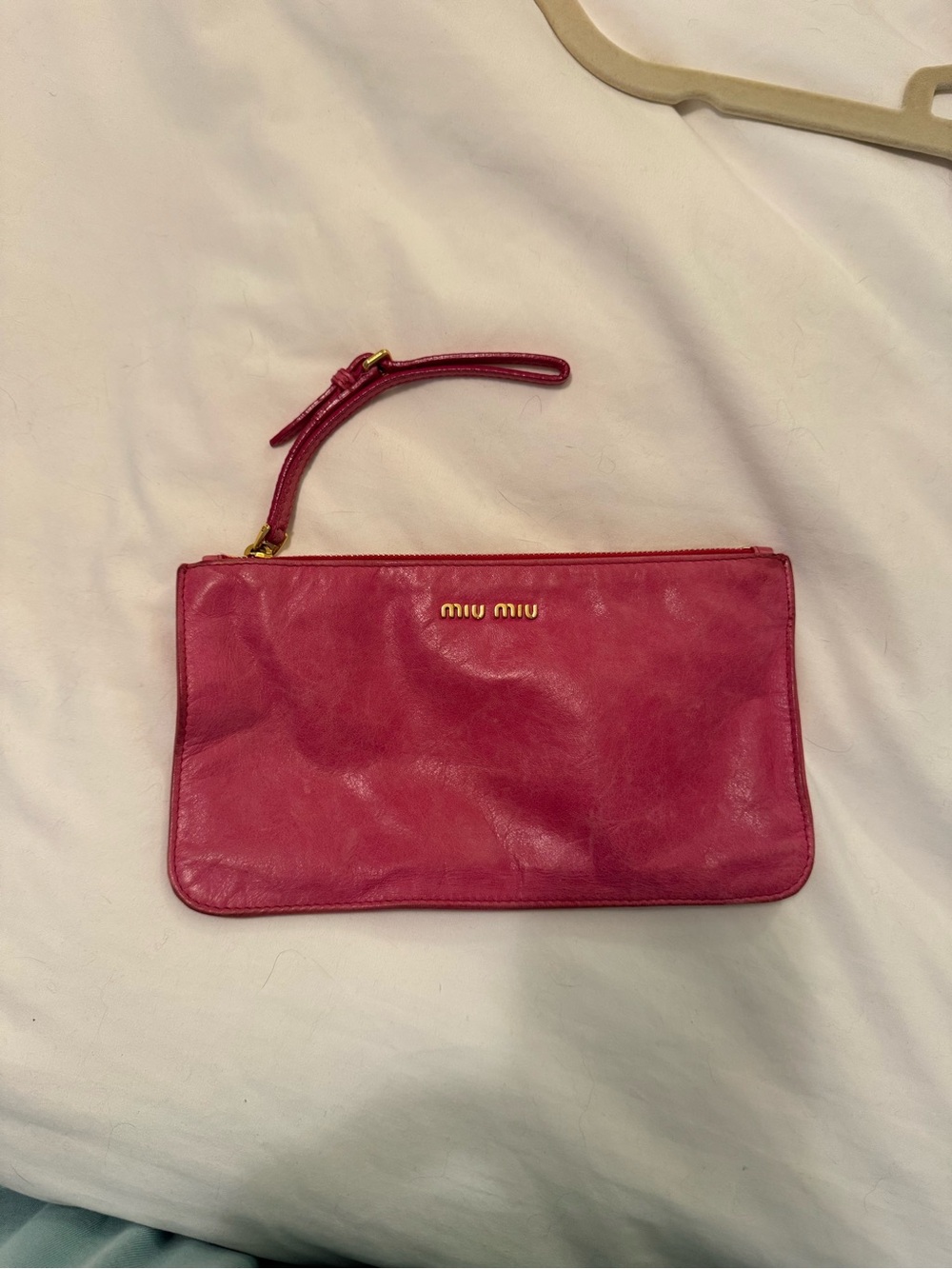 Miu Miu Fuchsia Leather Wristlet Clutch with Gold Logo
